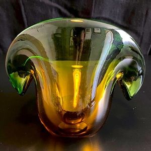 Vintage Murano Art Glass Clam Shell Bowl Green/Amber